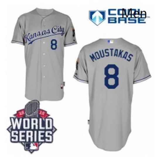 Mens Majestic Kansas City Royals 8 Mike Moustakas Authentic Grey Road Cool Base 2015 World Series